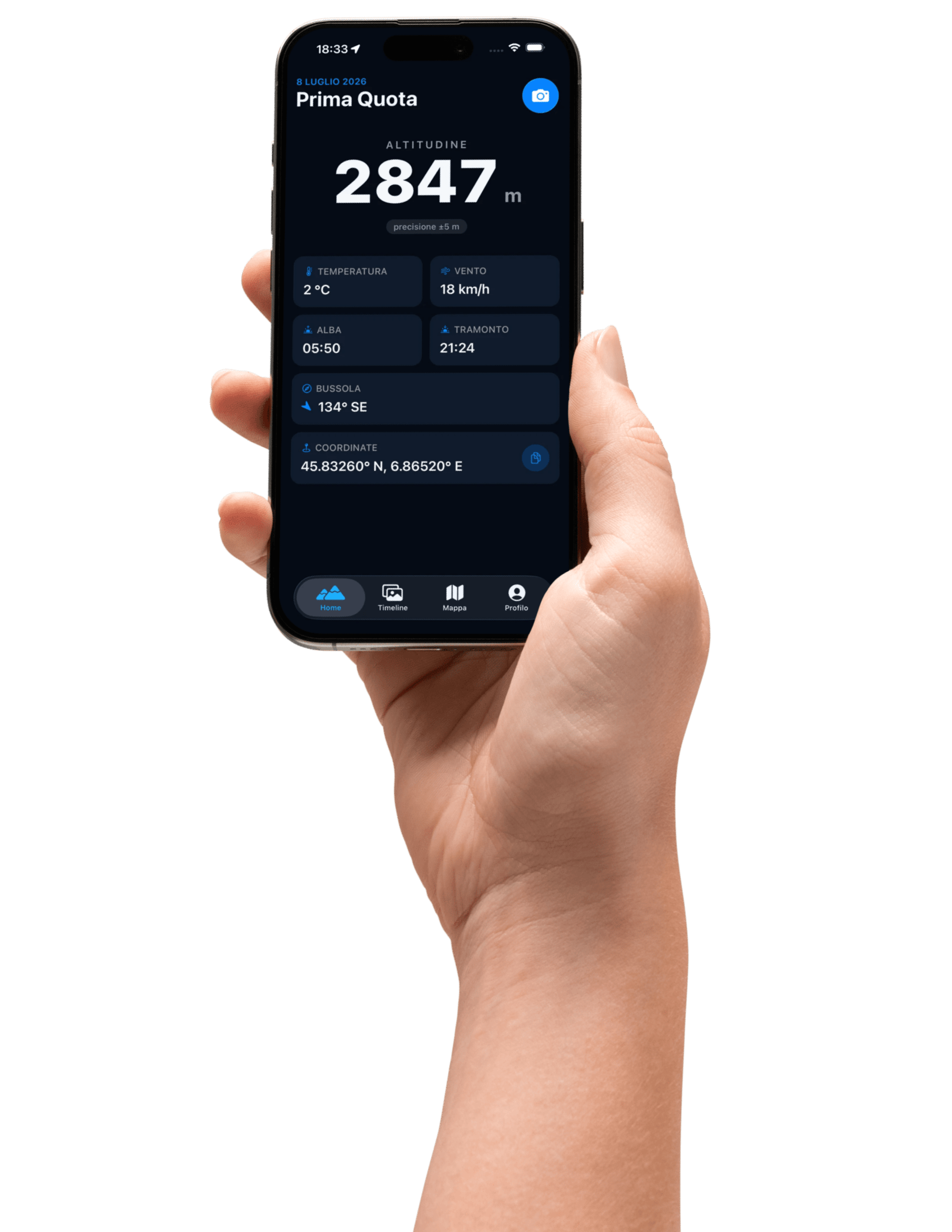 iPhone con Prima Quota aperta sull'altimetro: 2847 metri, meteo, bussola e coordinate